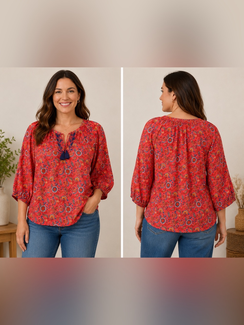Karyn Seo Floral Tassel-Trim Red Women’s Blouse